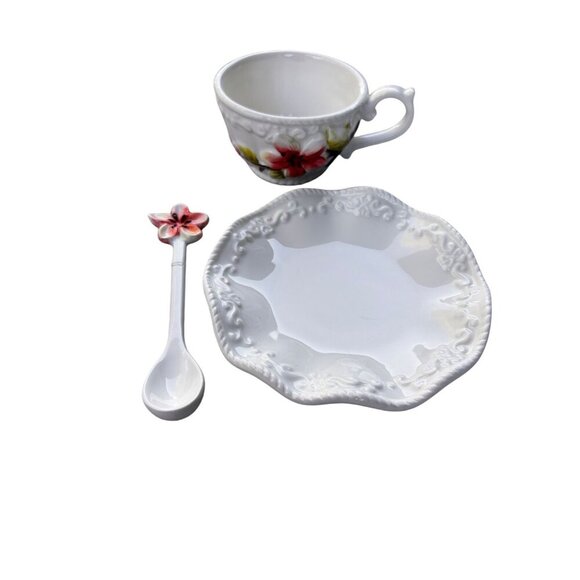 VTG Botanical Collection By Corner Ruby Floral Ceramic Teacup & Saucer Spoon Set - Picture 6 of 10